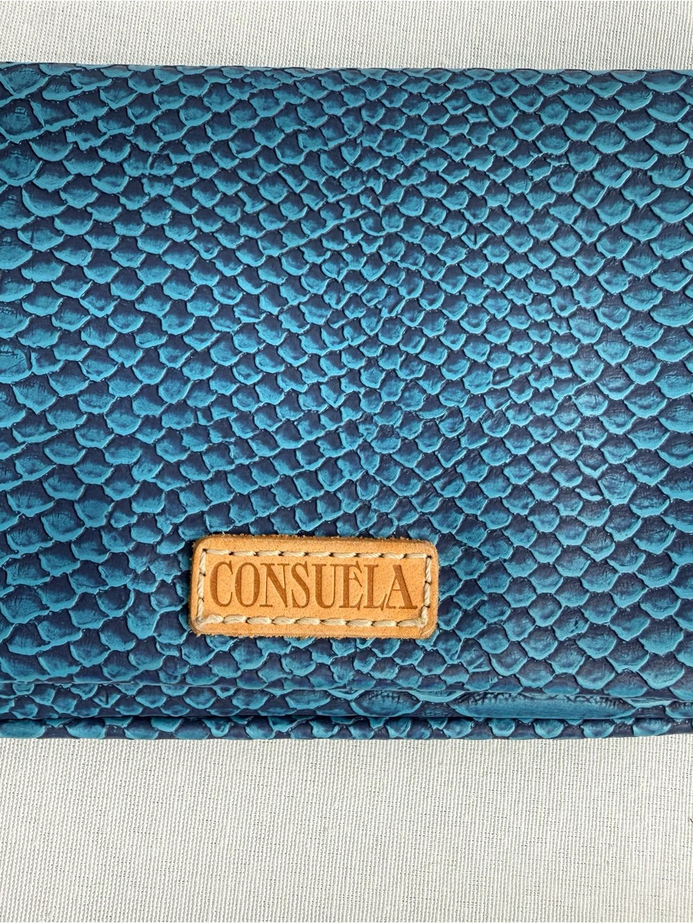 Consuela Blue Textured Clutch with Leather Logo Patch